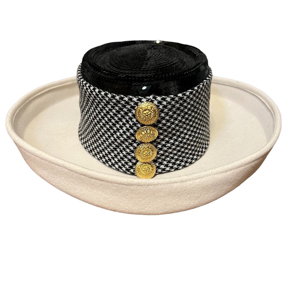 Vintage Women's White black Wool Hounds Tooth Gold Buttons Sequins Hat Size One - Picture 1 of 7
